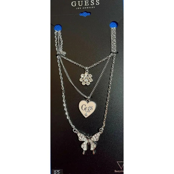 Guess Silver Logo Pave Butterfly Heart Pave Flower Charm 3 Strand Chain Necklace - Picture 6 of 6